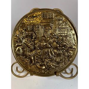 Vintage Brass Wall Plaque Made in England Relief Pub Scene Round Hanging Art